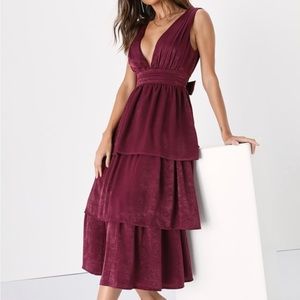 NWT Lulus Peak Party Vibe Plum Purple Satin Tiered Dress